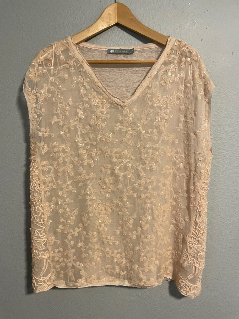 Womens Top Medium Pink Floral Embroidered Silk Sequin Sheer Romantic Fairy